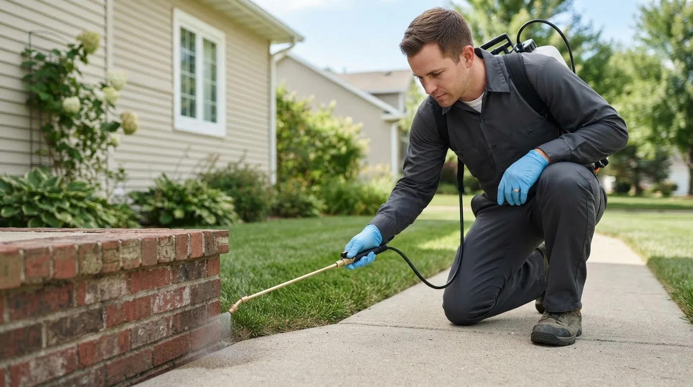 Pest control technician treating a home near Kensett, IA