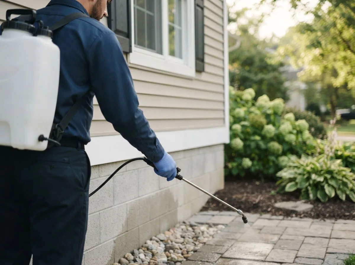 Pest control technician inspecting a home in Kensett, IA